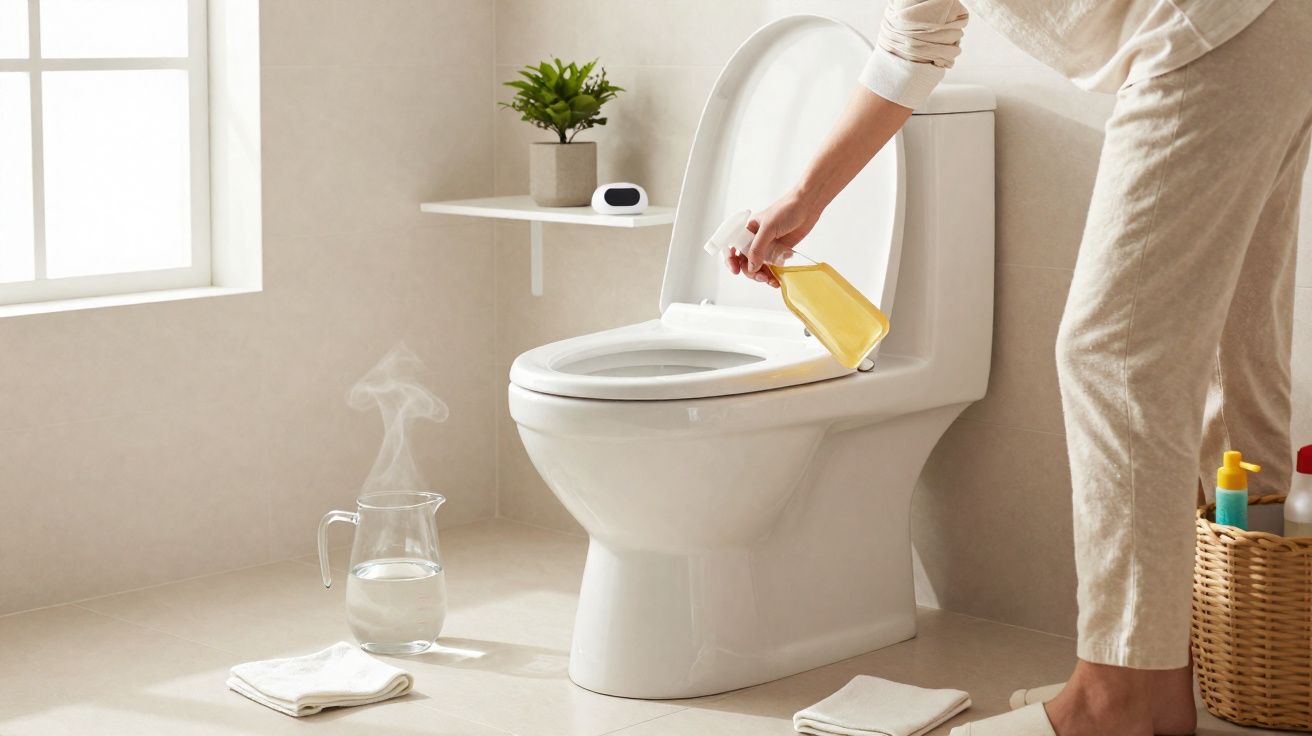 Pessoa a deitar produto de limpeza amarelo no sanitário branco numa casa de banho clara e organizada.