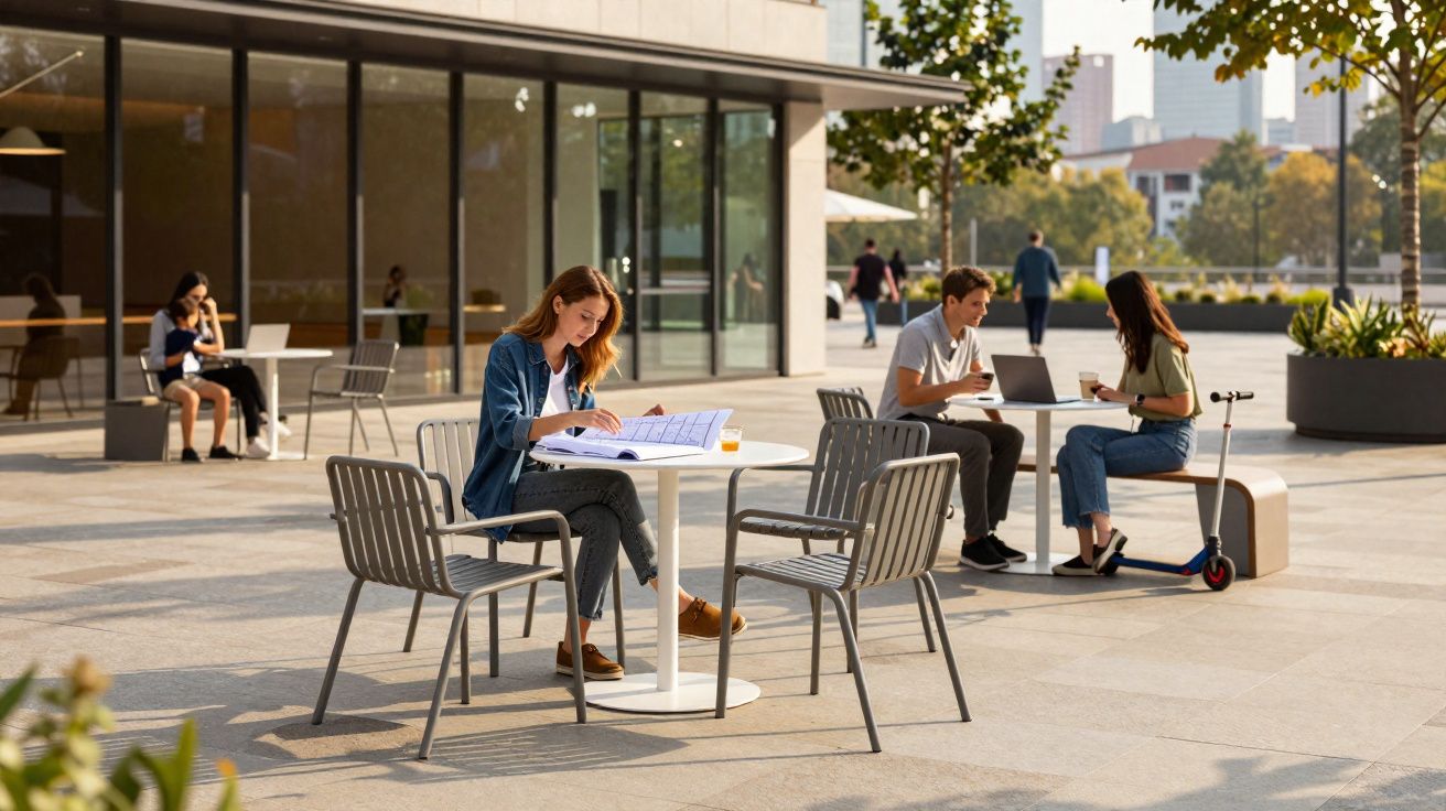Jovens a estudar e conversar ao ar livre em mesas brancas num espaço urbano moderno com árvores.