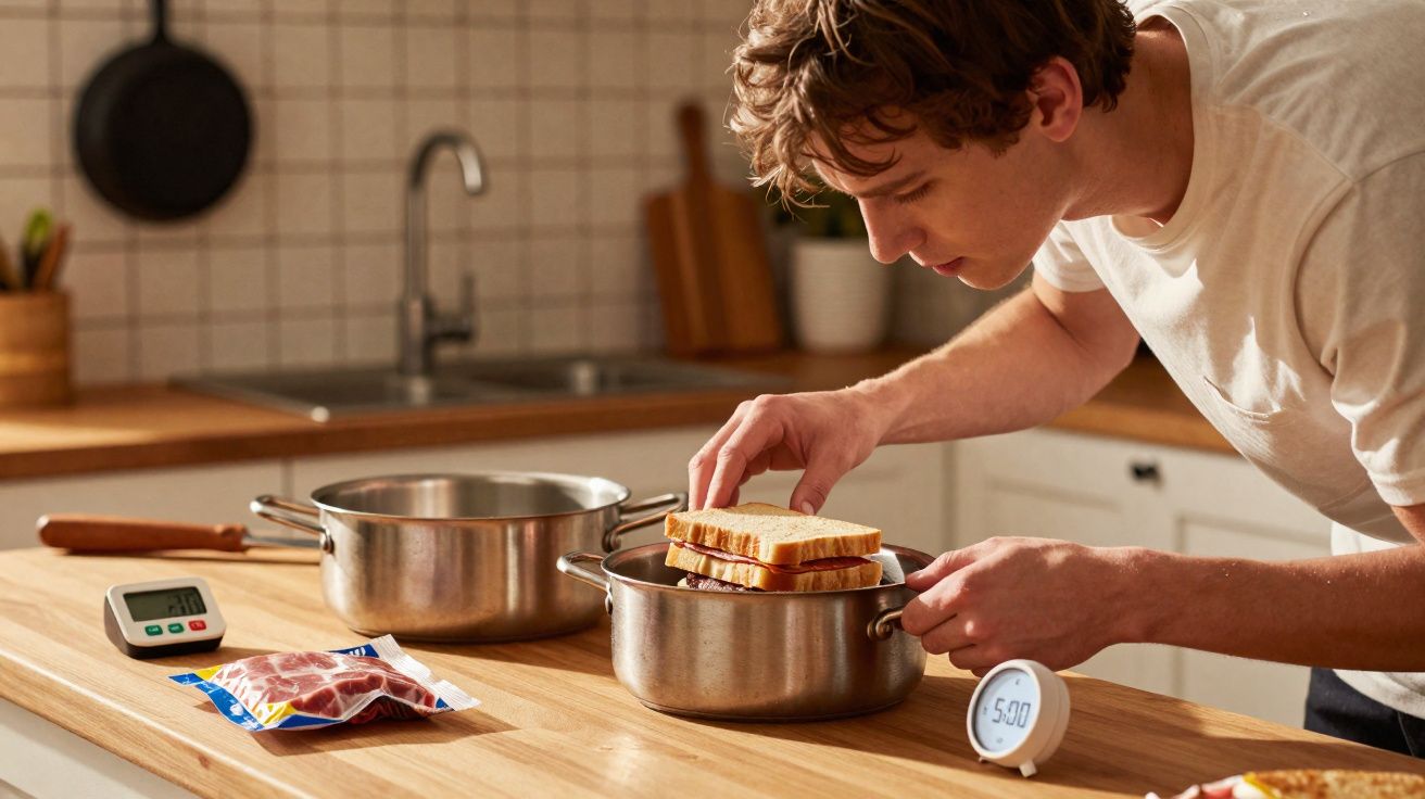 Homem a colocar fatias de pão numa panela na cozinha com utensílios e ingredientes à volta.