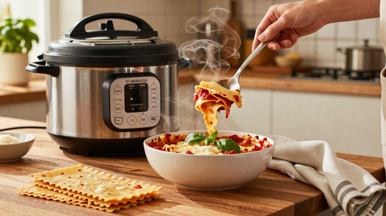 Mão a servir lasanha fumegante de uma tigela com molho vermelho e manjericão, perto de panela elétrica na cozinha.