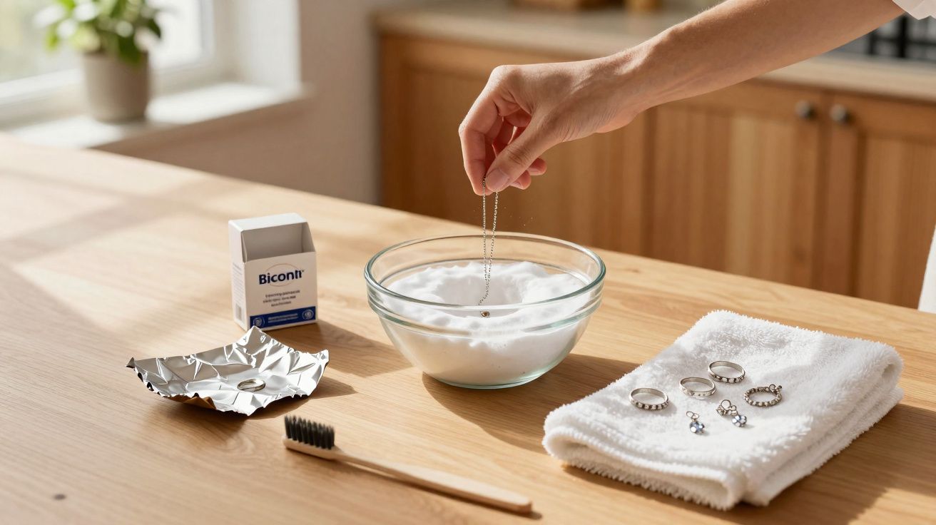 Pessoa a limpar colar com bicarbonato de sódio e água, ao lado de anéis e escova de dentes numa mesa.