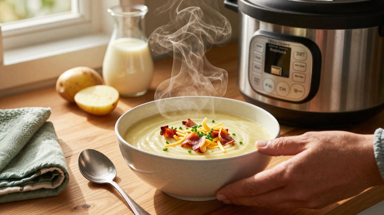 Sopa cremosa fumegante com bacon, queijo e cebolinho num prato branco junto a panela elétrica na cozinha.