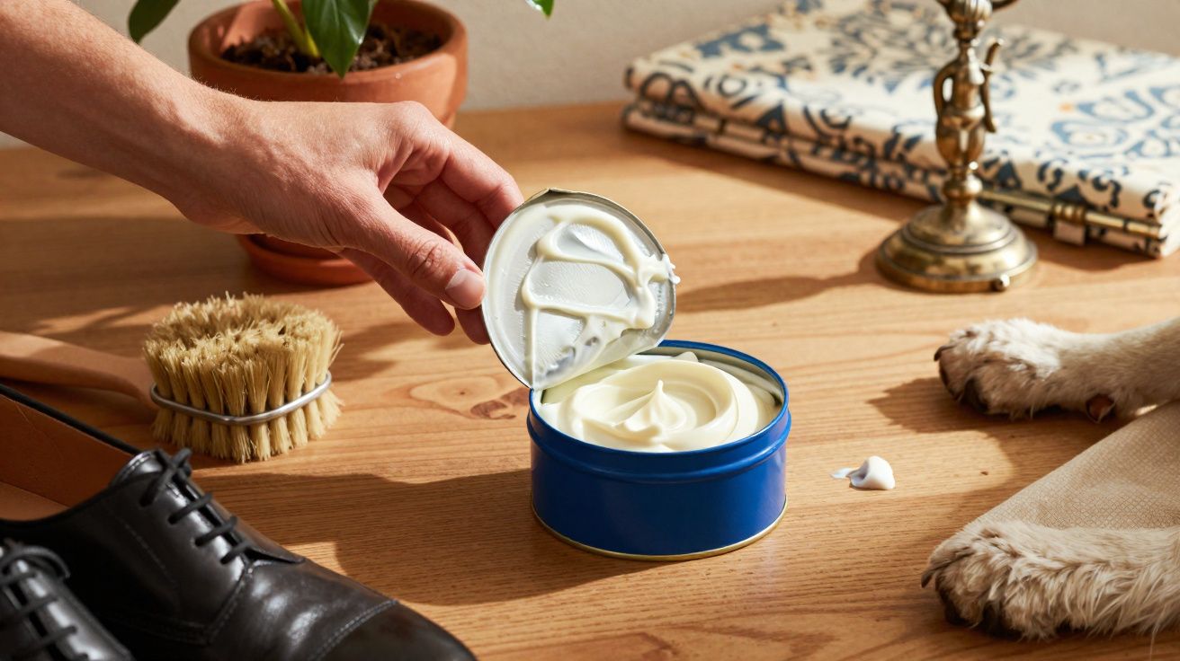 Mãos abrindo lata azul com creme para polir sapatos pretos, escova e patas de cão numa mesa de madeira.