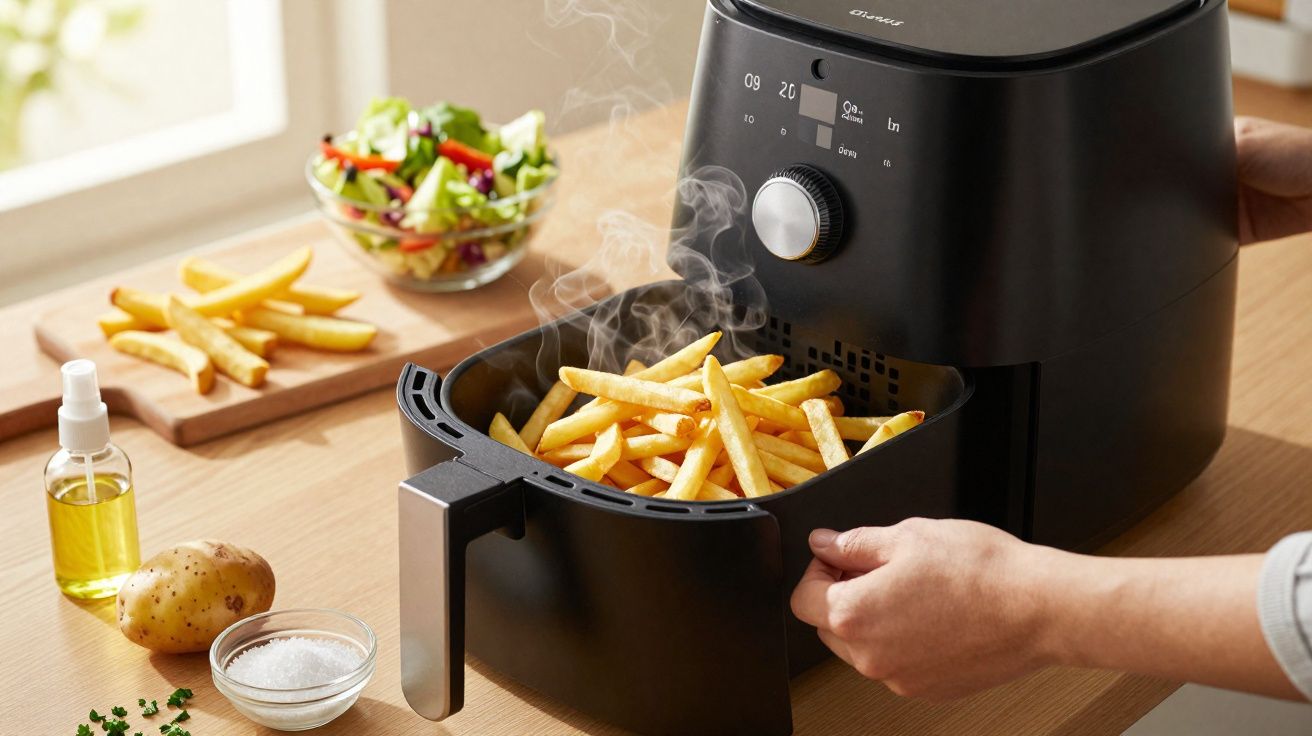Mãos tiram batatas fritas quentes e fumegantes de uma fritadeira elétrica preta numa cozinha.