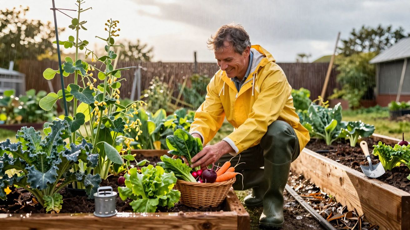 Homem a colher legumes frescos numa horta elevada num dia nublado.