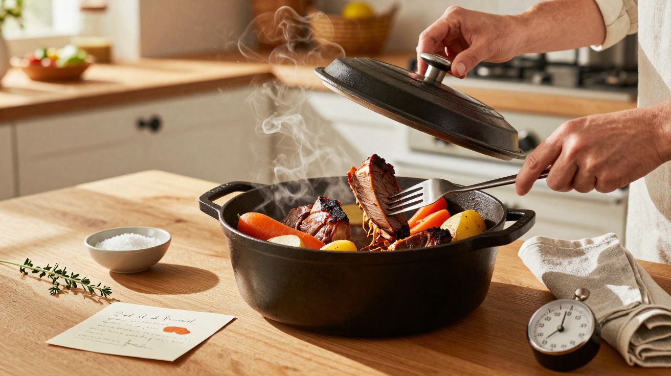 Pessoa a retirar tampa de panela quente com assado, batatas e cenouras numa cozinha moderna.