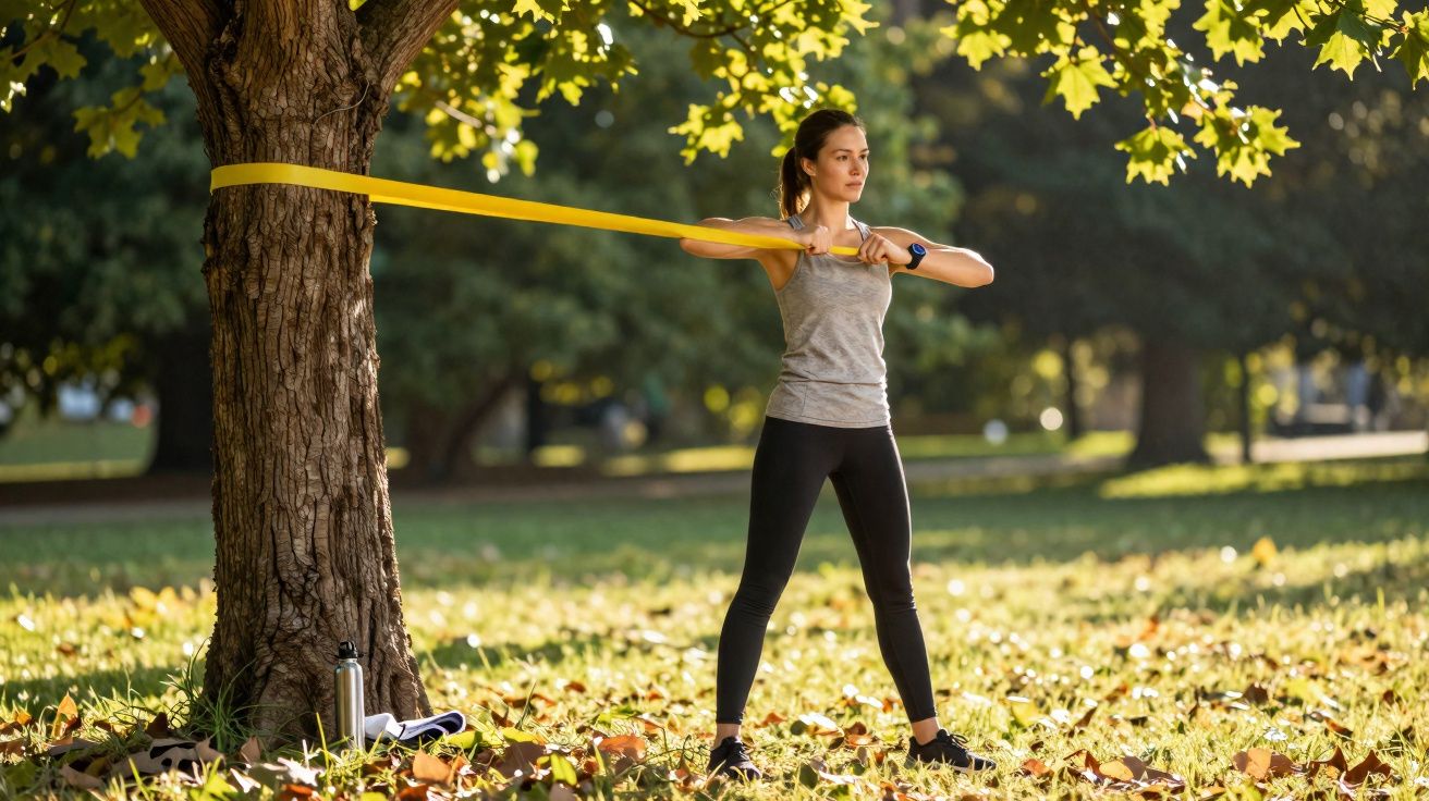 Mulher a fazer exercícios com faixa elástica amarela presa numa árvore num parque com folhas no chão.
