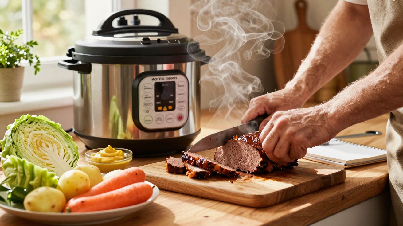 Pessoa a fatiar carne quente numa tábua de madeira, com panela elétrica e legumes ao lado numa cozinha luminosa.