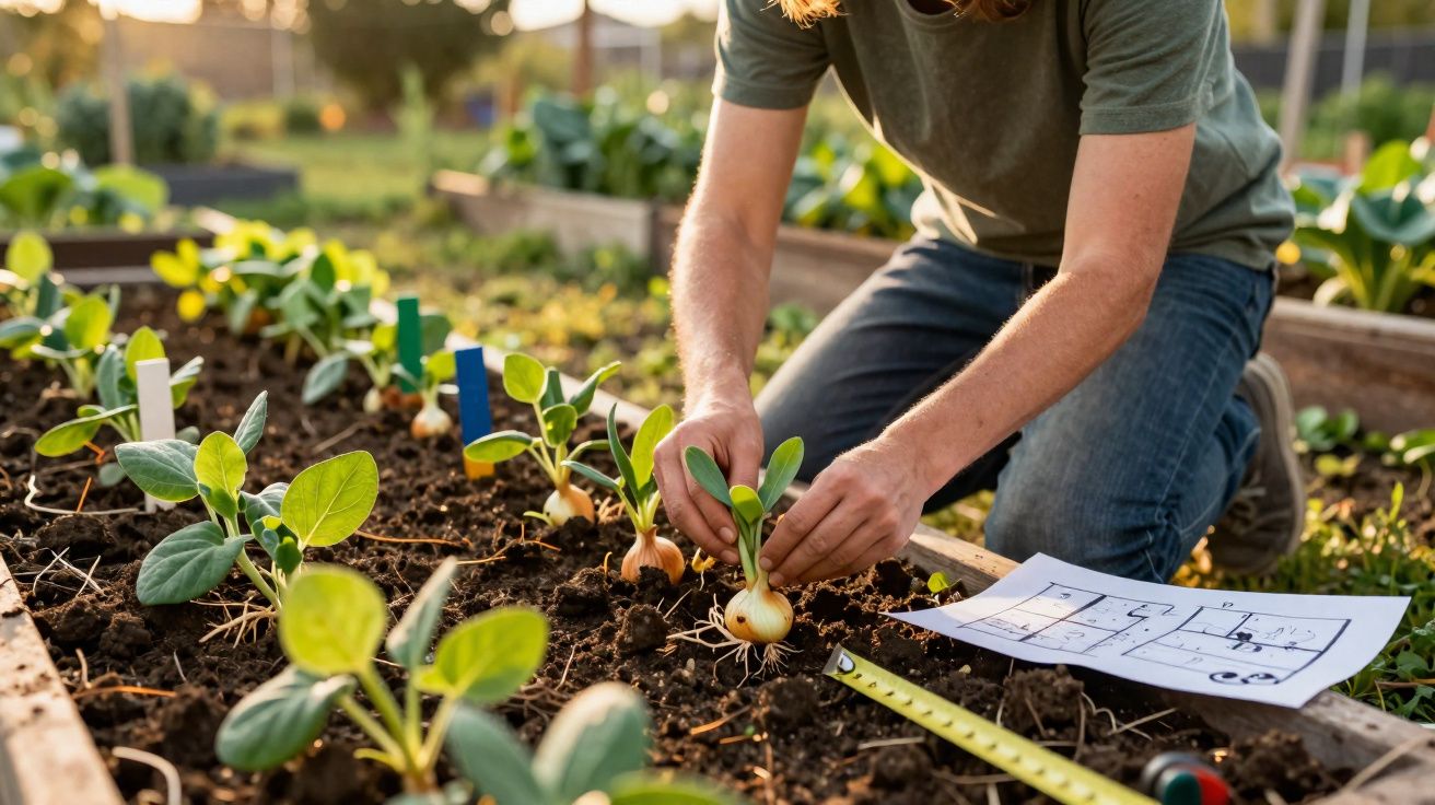 Pessoa a plantar cebolas num canteiro com plantas verdes e ferramentas de jardinagem ao lado.