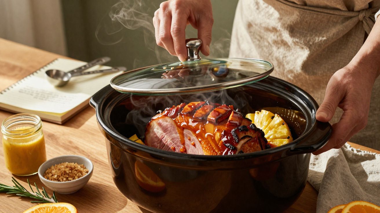 Mãos a retirar tampa de panela com fiambre assado e ananás no interior a libertar vapor.