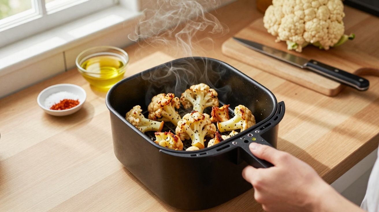 Pessoas a cozinhar couve-flor assada a vapor numa air fryer numa cozinha iluminada.