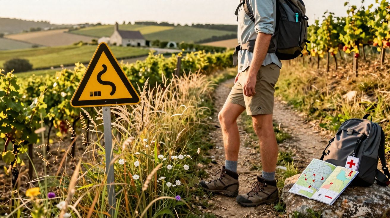 Caminhante com mochila e mapa junto a sinal de estrada sinuosa numa trilha rural cercada por vinhas.