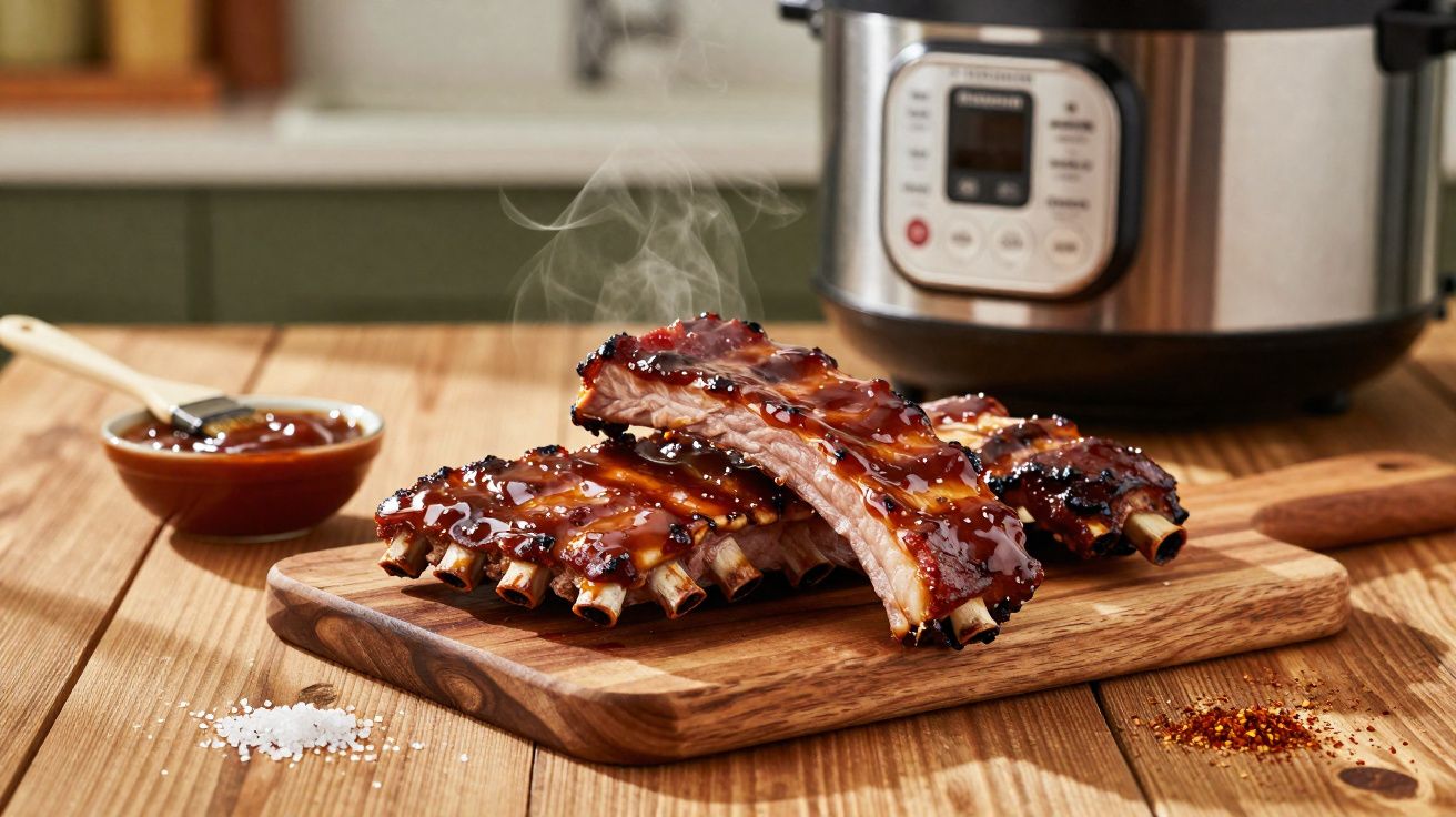 Costelas suculentas com molho barbecue num tábua de madeira e panela elétrica ao fundo.