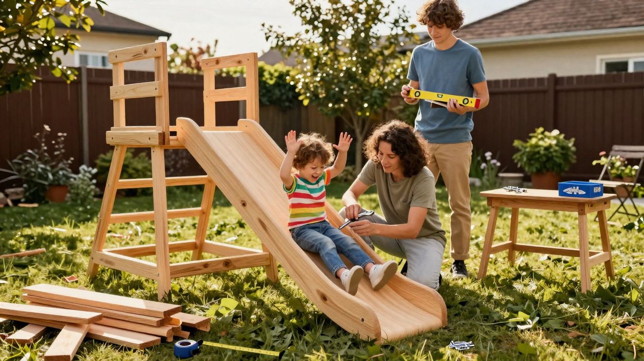 Criança a deslizar por escorrega de madeira, enquanto adultos montam parque infantil num jardim.