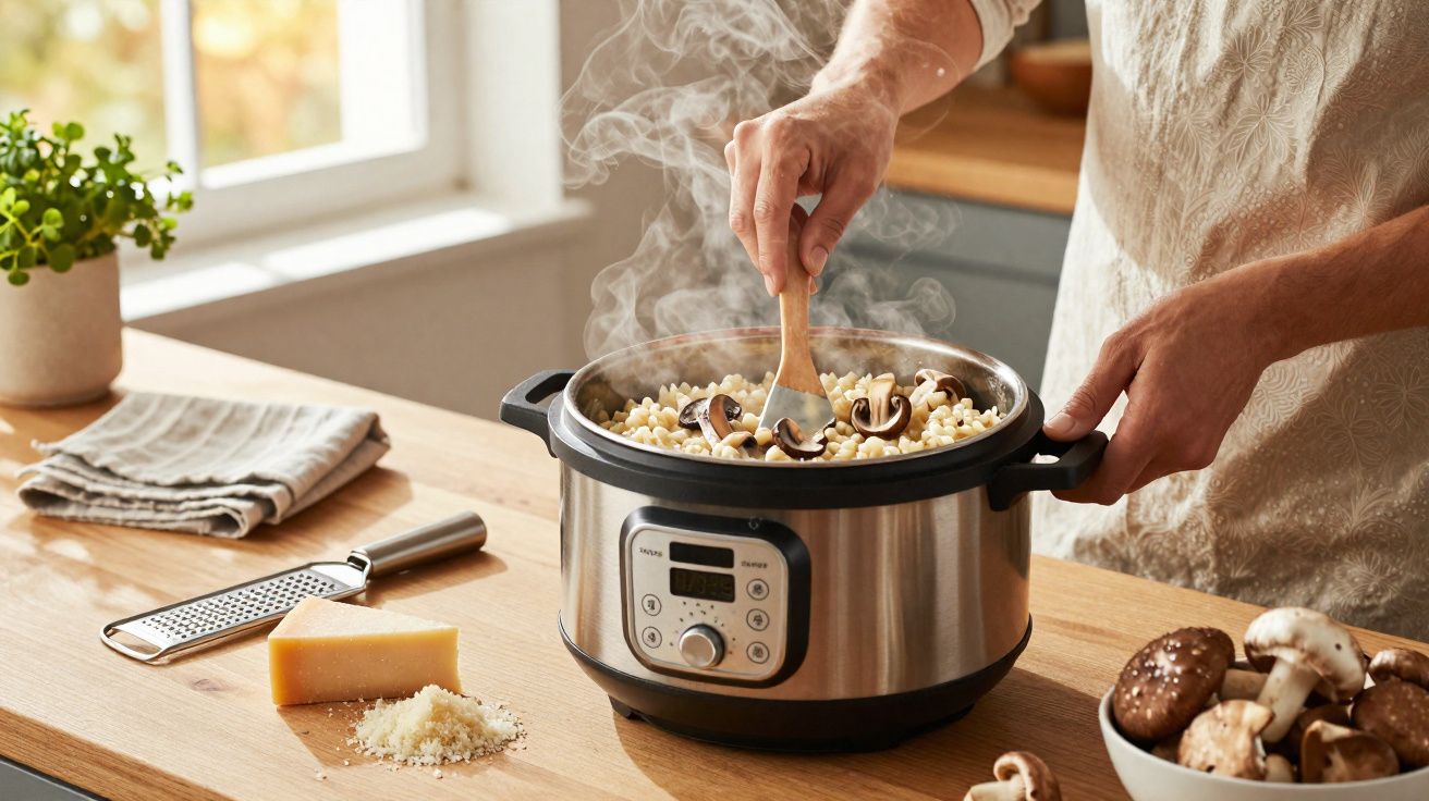 Pessoa a mexer risoto com cogumelos numa panela elétrica numa cozinha luminosa.