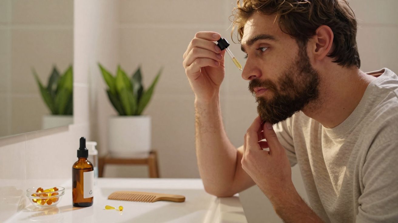 Homem a aplicar óleo na barba com conta-gotas junto a lavatório e espelho, com pente e plantas ao fundo.