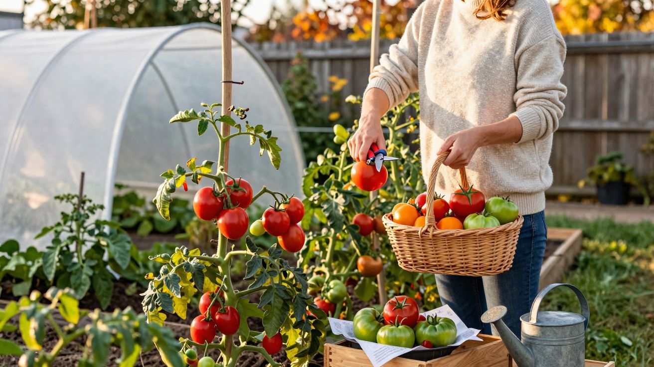 Pessoa a colher tomates maduros numa estufa de jardim, com cesta e regador ao lado.