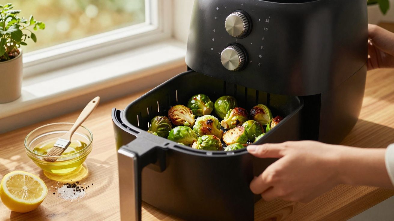 Mãos a retirar couves-de-bruxelas assadas numa fritadeira sem óleo numa cozinha luminosa.