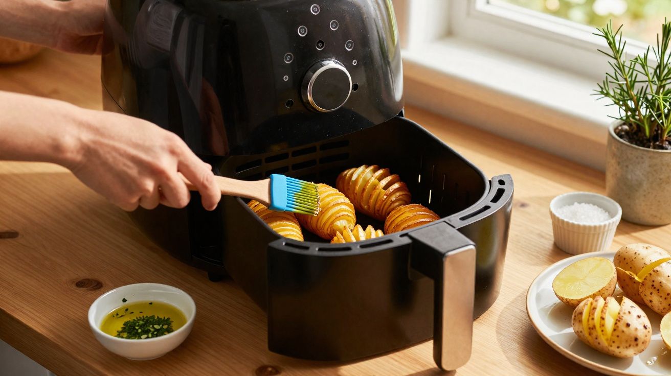 Pessoa a pincelar batatas laminadas dentro de fritadeira elétrica num ambiente de cozinha com ingredientes à volta.