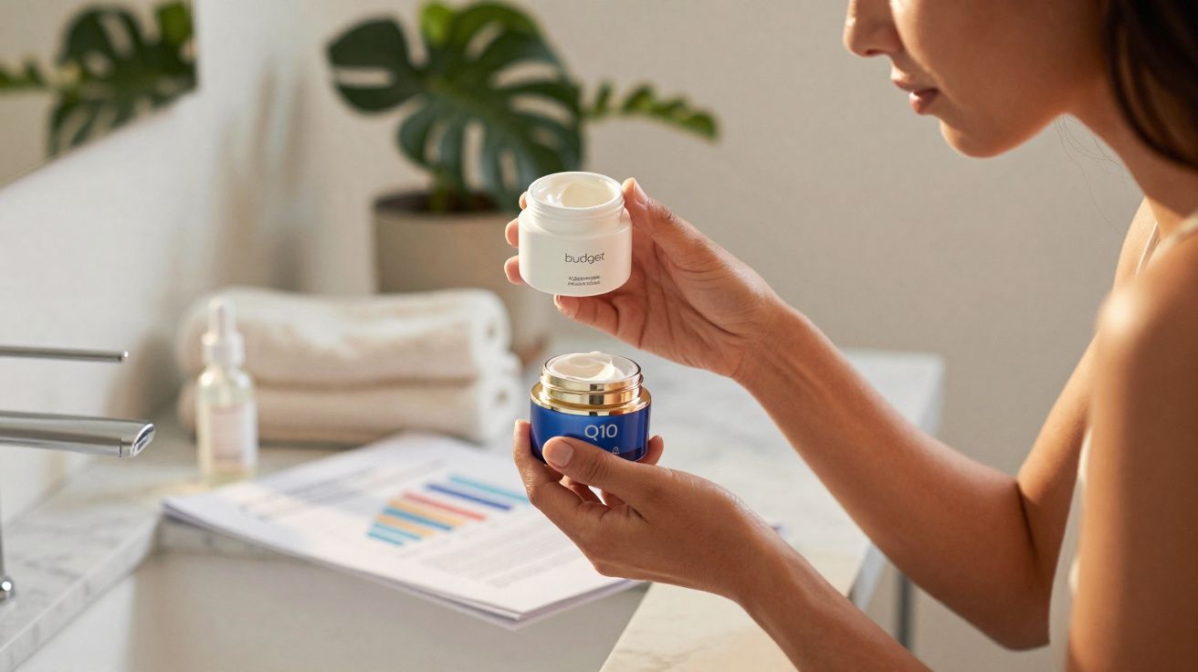 Pessoa a abrir frascos de cremes hidratantes no lavatório de uma casa de banho.