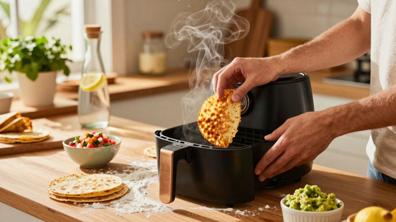 Mãos a retirar tortilha quente e fumegante de uma fritadeira de ar numa cozinha iluminada.