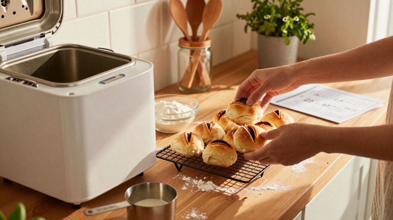 Mãos a retirar pãezinhos acabados de fazer de uma grelha com máquina de pão ao lado numa cozinha.