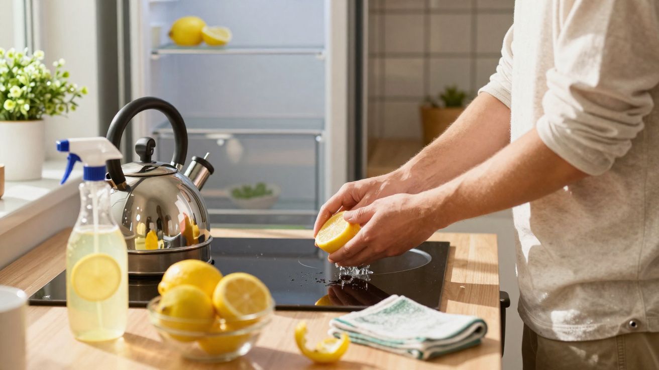 Pessoa a espremer um limão numa cozinha com jarro de limonada, limões numa tigela e chaleira metálica.