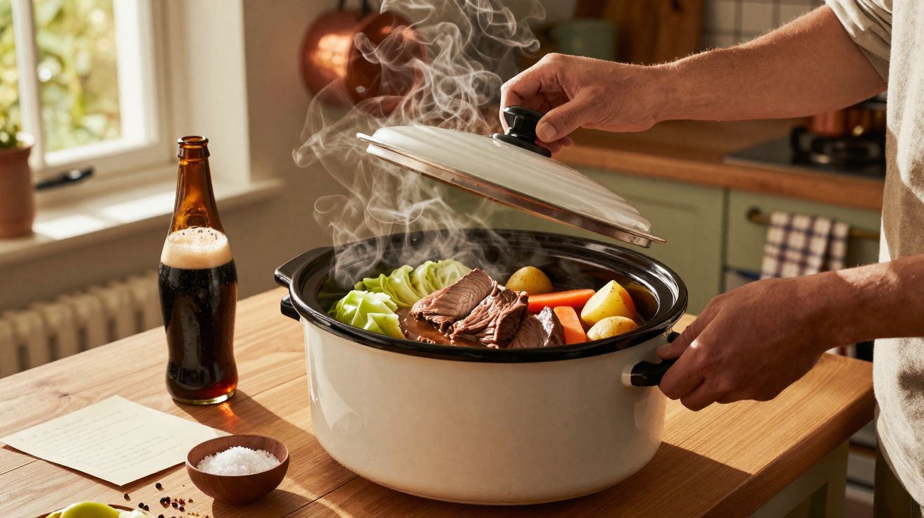 Panela de cozedura lenta com carne, batatas, cenoura e couve, com vapor a sair ao levantar a tampa.