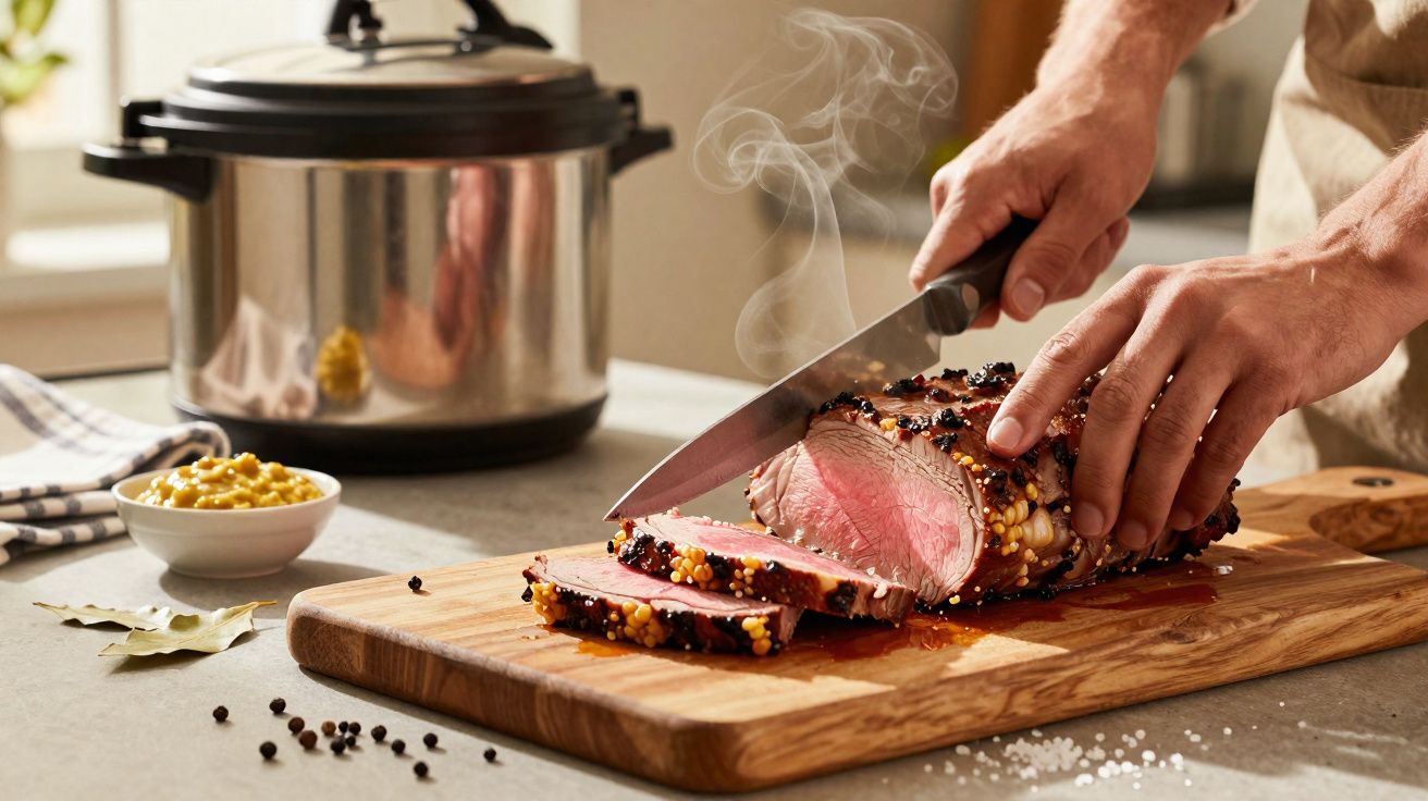 Pessoa a cortar carne assada fumegante com especiarias numa tábua de madeira na cozinha.