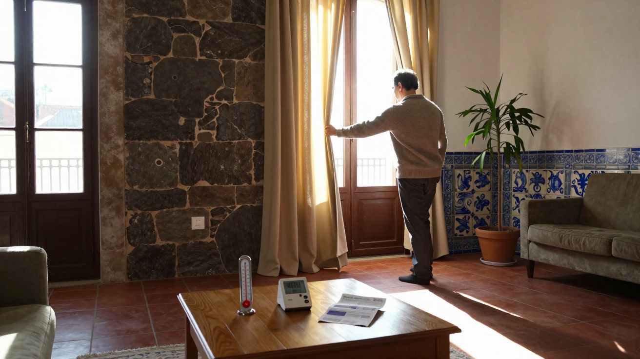 Homem abre cortina num quarto com azulejos portugueses e mobília rústica, com sol a entrar pela janela.