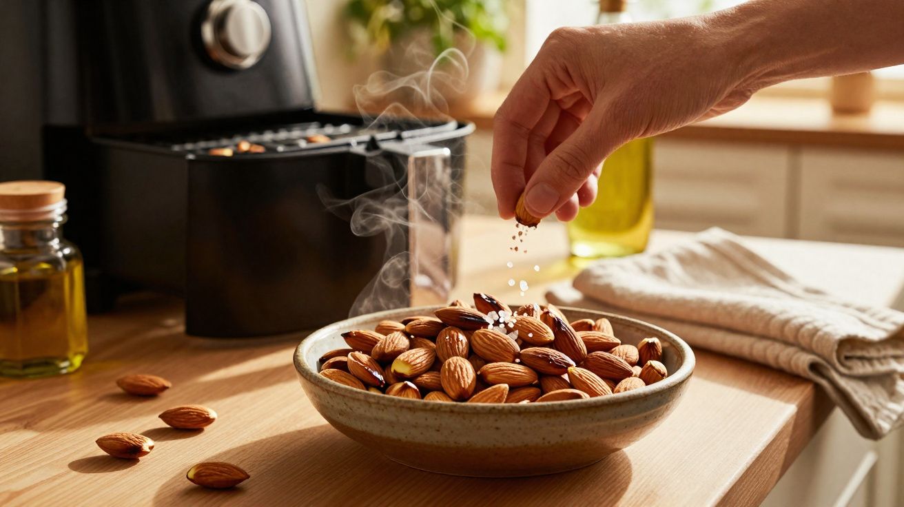Mão a polvilhar sal sobre amêndoas numa tigela, com fritadeira sem óleo e panos de cozinha ao fundo.