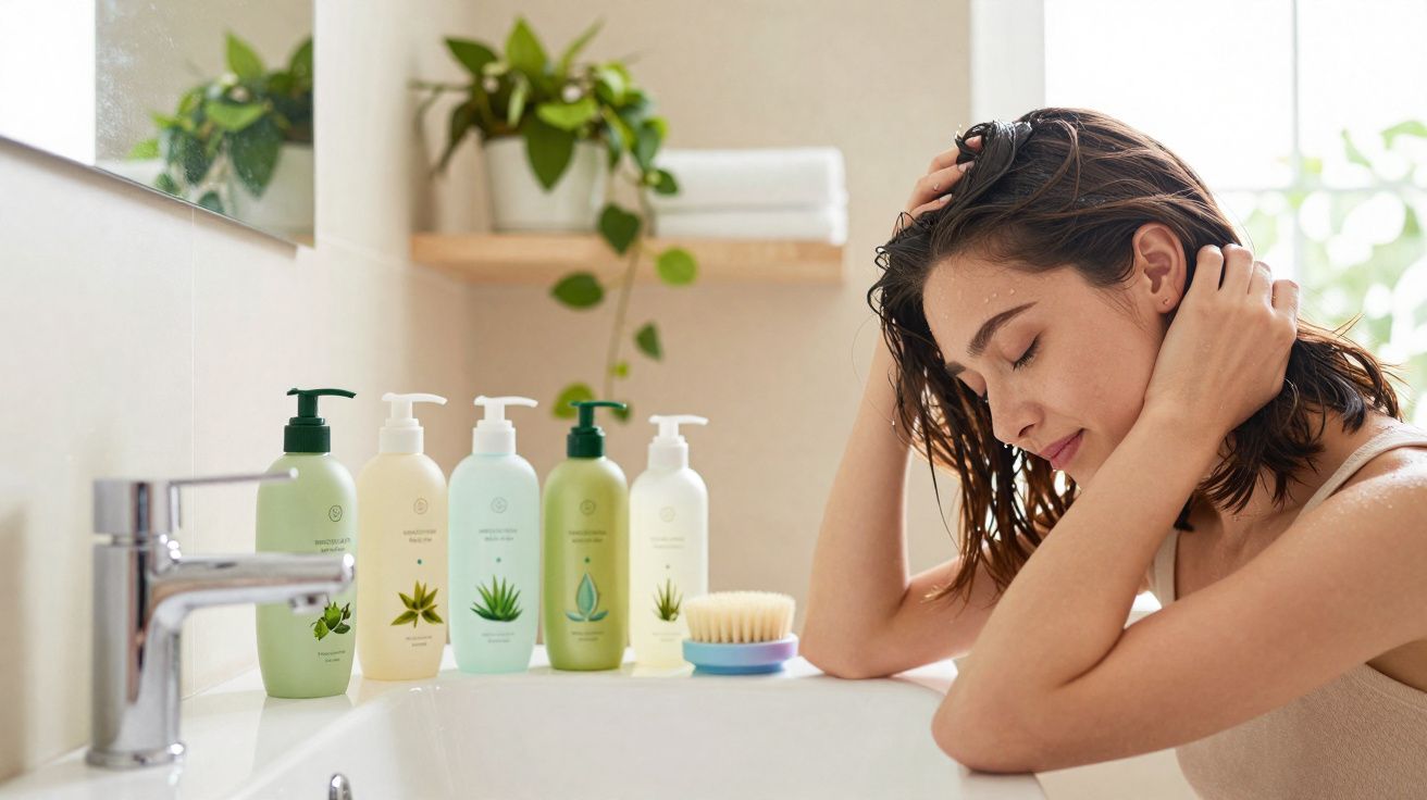 Mulher com cabelo molhado encostada à pia de casa de banho, ao lado de frascos de produtos de cuidado pessoal.