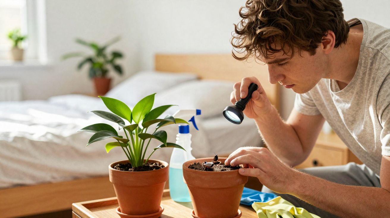 Homem inspeciona planta em vaso com lanterna numa divisão iluminada.