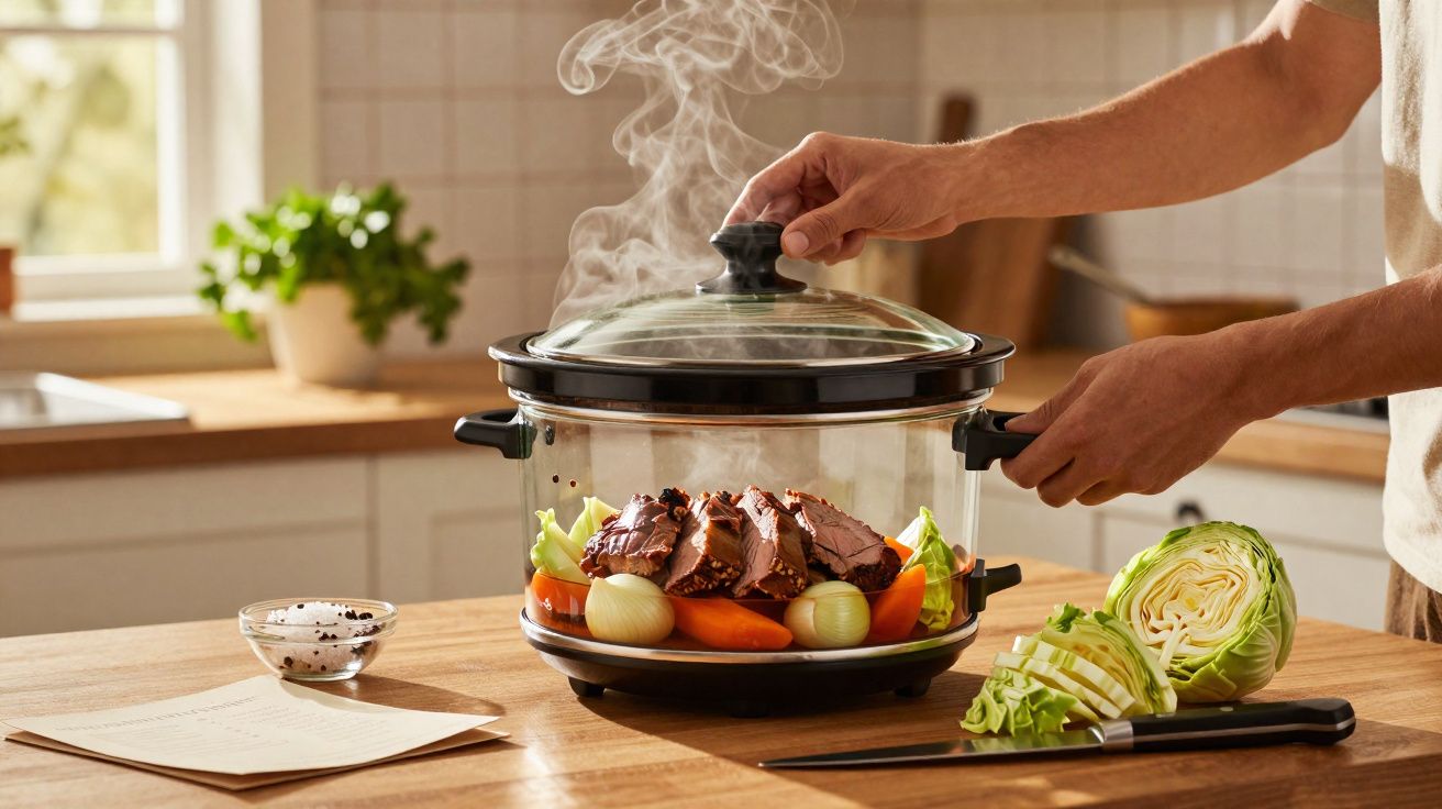 Panela de vidro com comida a cozinhar, mãos a colocar tampa e legumes frescos numa bancada de cozinha.