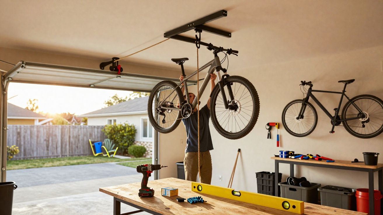 Homem a suspender uma bicicleta num suporte no teto numa garagem bem iluminada.