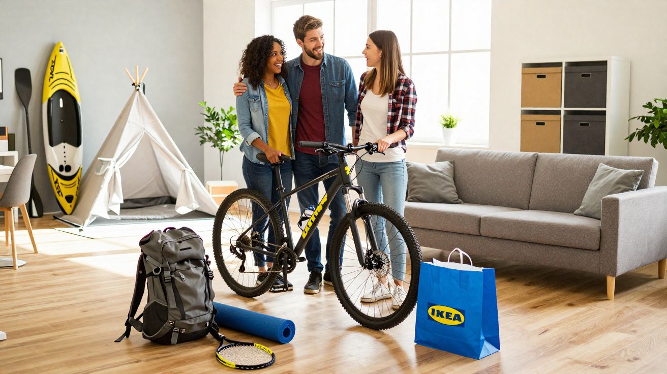 Três amigos juntos numa sala moderna com bicicleta, mochila, saco IKEA e acessórios de desporto.