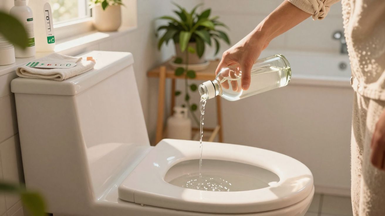 Pessoa a deitar líquido de frasco transparente dentro da sanita num ambiente de casa de banho iluminado.