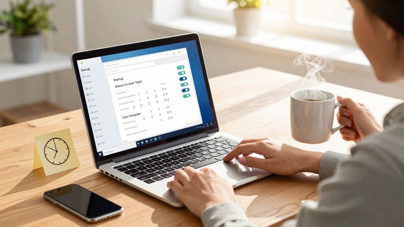 Pessoa a usar computador portátil numa mesa com telemóvel, relógio de papel e chá a fumegar.