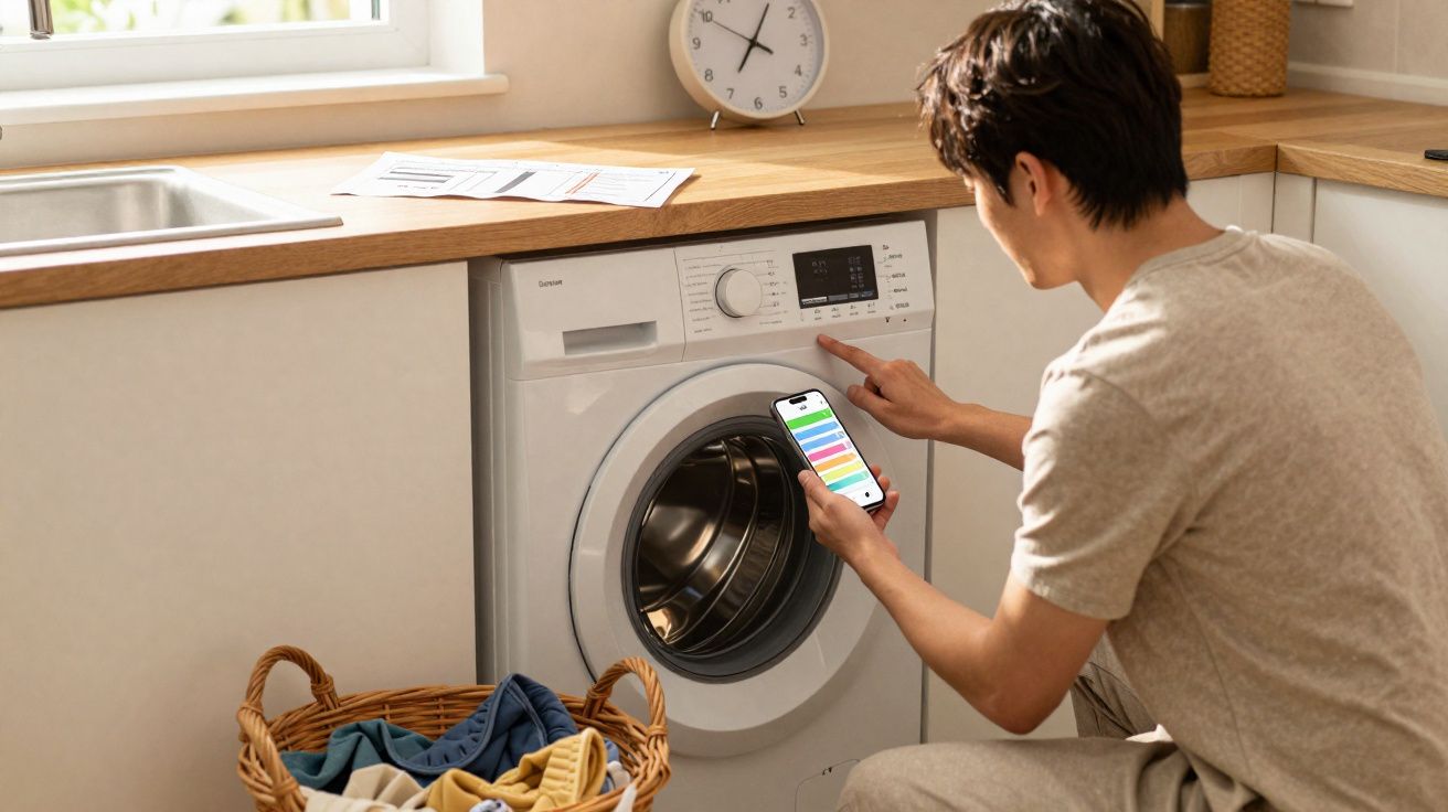 Homem a programar máquina de lavar roupa com smartphone na mão numa lavandaria doméstica.