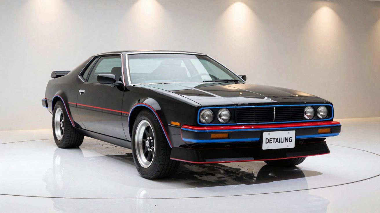 Carro clássico preto com detalhes em vermelho e azul, estacionado num estúdio com luzes focadas no teto.