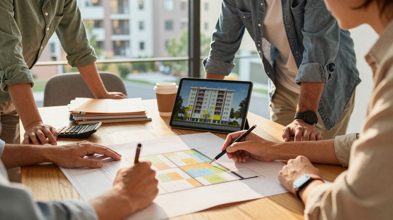 Pessoas a analisar plantas e projeto de prédio num tablet numa reunião de arquitetura ou construção.