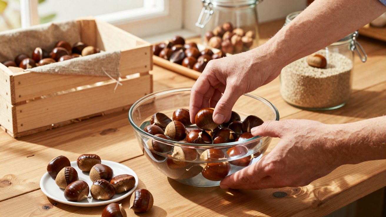 Mãos a recolher castanhas numa tigela de vidro sobre mesa de madeira com caixa e prato de castanhas.