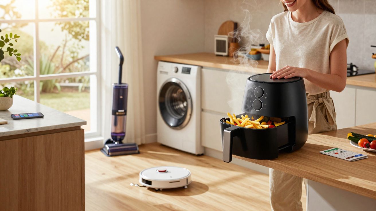 Cozinha moderna com mulher a usar fritadeira elétrica e aspiradores robot e vertical ao fundo.