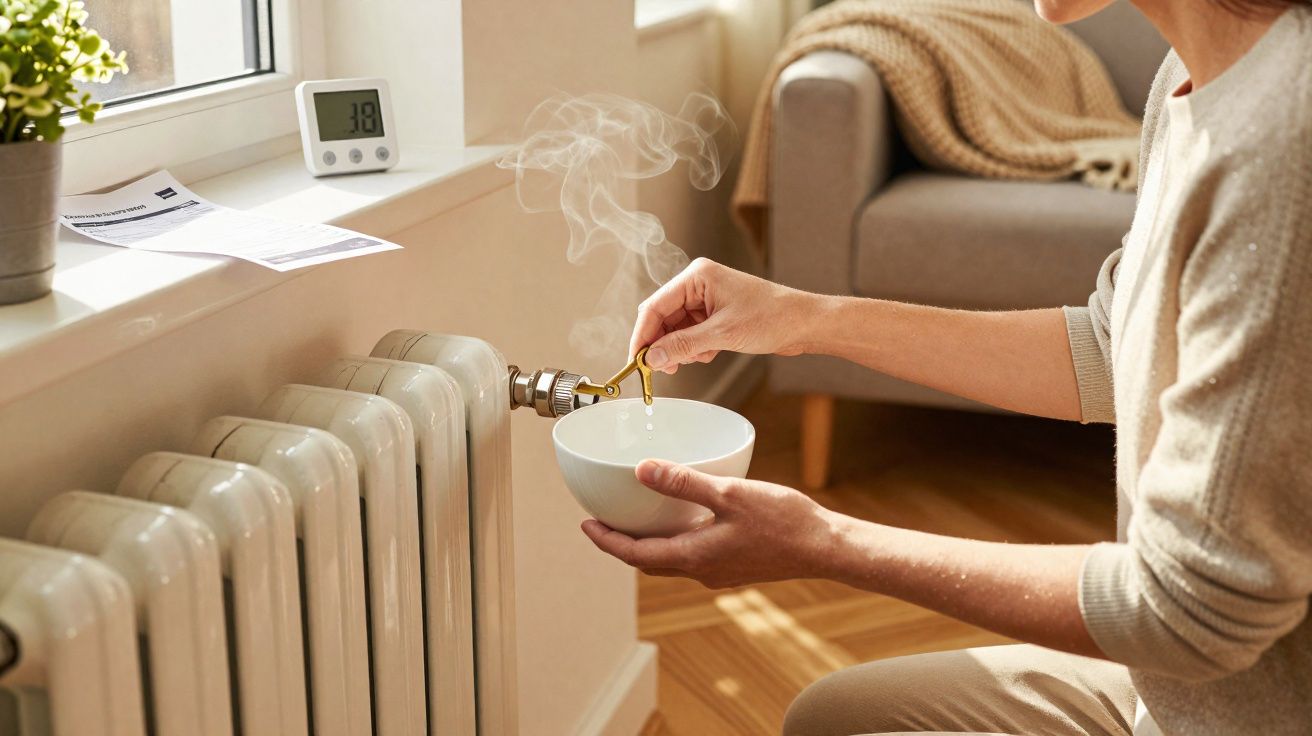 Pessoa a purificar uma válvula de radiador com vapor quente num ambiente acolhedor interior.