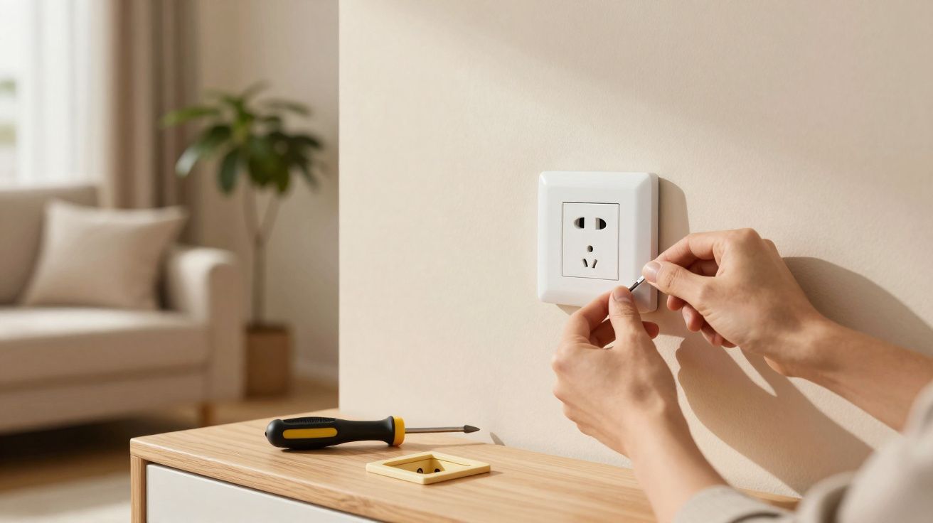 Mãos a instalar ou reparar tomada elétrica numa parede branca, com sofá e planta ao fundo.