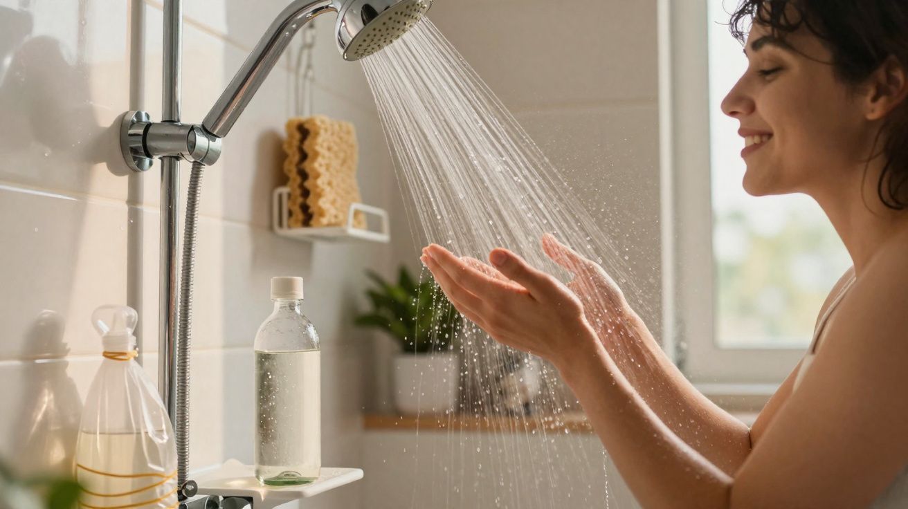 Mulher a receber água da torneira do chuveiro quente nas mãos numa casa de banho iluminada.