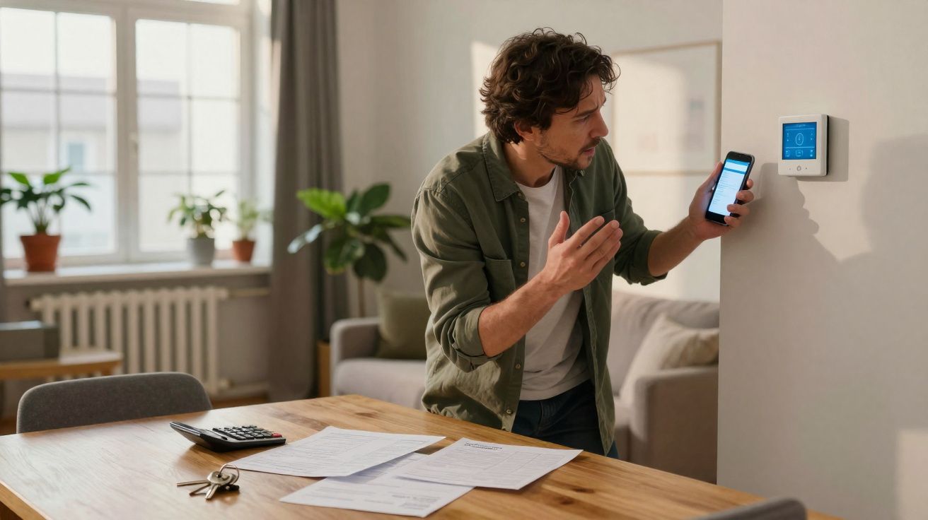 Homem ajusta termóstato na parede usando smartphone numa sala de estar com mesa e documentos.