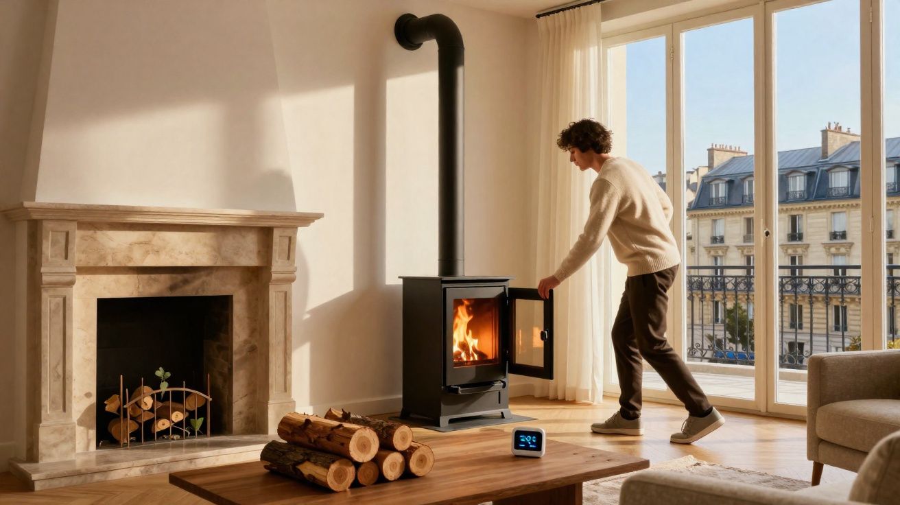Homem a acender lareira a lenha numa sala com grande janela e móveis modernos.