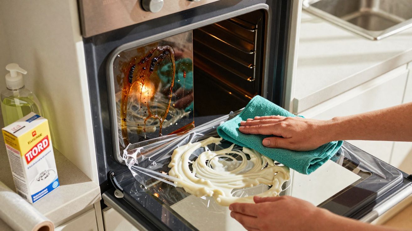 Mãos a limpar um forno quente com um pano verde e uma camada de massa branca na porta de vidro do forno.