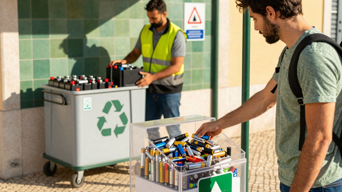 Homem a depositar pilhas usadas num contentor transparente com símbolo de reciclagem, trabalhador ao fundo.